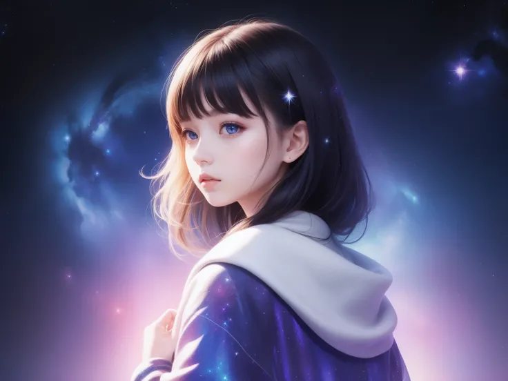 The girl&#39;s hair is turning into a starry sky，The girl&#39;s clothes blend into the galaxy，Enlarged view of the head