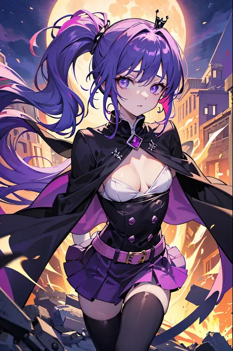 vampire queen, perfect body shape, small breast, battle skirt, (royal cape:1.1), main color is matte black, secondary color is purple, sexy and devil aura, original character, masterpieces, seducing purple pupil, (multi color high pony tail 1:1.2), walking...