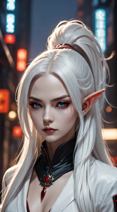 Photo of white-haired samurai wearing jacket standing in the middle of neon street , (she carries a katana). masterpiece, woman , Elf ears，cyberpunk characters , (Have a tattoo), post apocalyptic, super detailed, ready to fight, Serious expression, (super ...