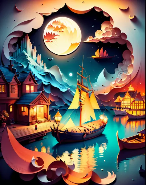 Softlight,(warm color:1.2),Water color painting,light background,best quality exquisite details,3d rendering,Octane render,pastel, Moon, boat, sea, storm,(paper_cut:1.15),