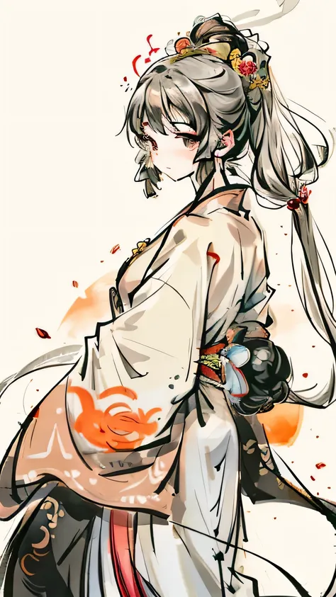 Amaterasu Omikami, Goddess of the Sun and Heaven in Japanese Shinto, Illustrated with detailed ink painting. I put a shining disk of the sun on my head、wearing traditional robes。, She stands gracefully with a calm expression. her long, Flowing hair made of...