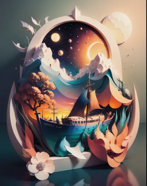 Softlight,(warm color:1.2),Water color painting,light background,best quality exquisite details,3d rendering,Octane render,pastel, Moon, boat, sea, storm,(paper_cut:1.15),