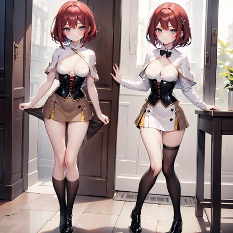 (solo 1 skinny 10 years old girl:1.4), the middle ages, (short red hair:1.5), (short dress:1.2), (plunging neckline), wiry corset (emphasize cleavage), (very short torso:1.3), (inconceivably thin narrow waist), short (brown capelet), BREAK, (flapping very ...