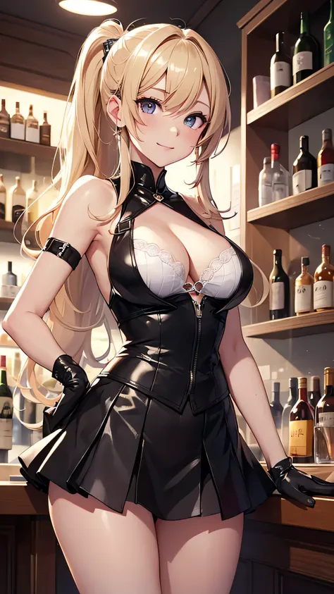 最high quality、best image quality、masterpiece、teenage girl((20-year-old、 By becoming、vest bust、medium bust,wide open breast tea、shining eyes, blonde hair、long hair、thin,highest valley、ponytail、Bartender costumes、mini skirt、holding a wine bottle、smile、black ...