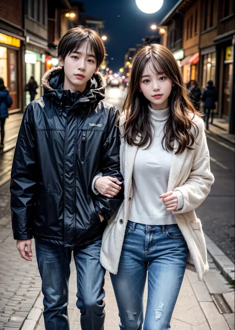 A couple, a man and a woman, are walking towards us on a wide snow-covered street.、young couple、men wear down jackets and jeans、she is wearing a fur coat、Two smiling people、There is a full moon in the night sky、There are many stars shining in the night sky...