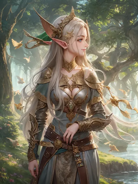 ((highest quality)),(ultra high resolution),(Super detailed),(detailed description),((best CG)),(best work of art),super precision art,amazing drawing art,(Fantasy art with precise details:1.5), (female elf:1.6),Finely detailed leather armor:1.7,elaboratel...