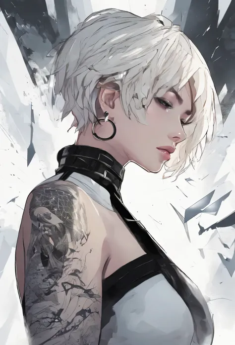 Young girl short hair, blonde hair,Short Women Hairstyle With Shaved Sides , black eyes, right Arm tattooed with thunder tattoos, black thunder tattoos, white tank shirt shirt, black letter pants, in a city, in a storm, Night, thunder in the sky, 4k, detai...