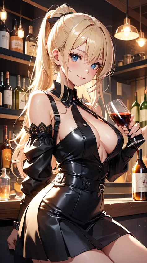 最high quality、best image quality、masterpiece、teenage girl((20-year-old、 By becoming、vest bust、medium bust,wide open breast tea、shining eyes, blonde hair、long hair、thin,highest valley、ponytail、Bartender costumes、mini skirt、holding a wine bottle、smile、black ...