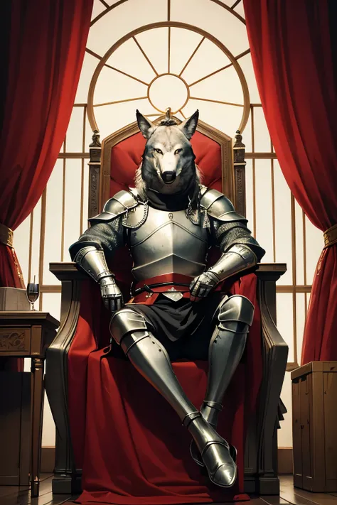 (Masterpiece, best quality:1.3), Very detailed, complicated, 8k,  Medieval knight sitting on a throne Wearing a wolf mask