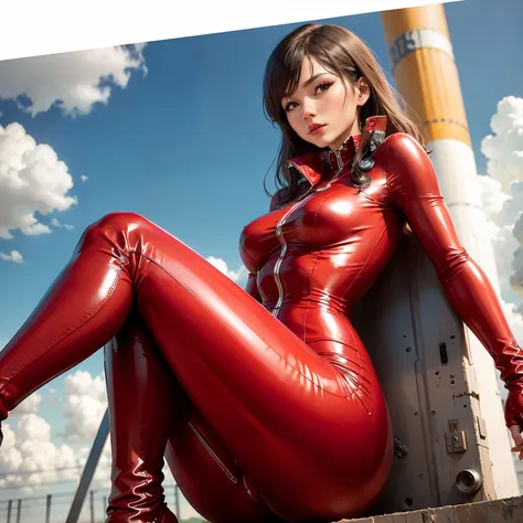 chinese woman pilot sexy red and white latex jumpsuit  ,de costa bunda coxa cabelo loiro, sky in the background