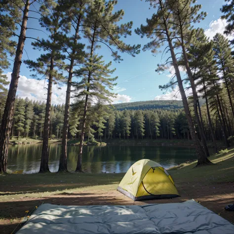 tent,travel mattress,sleeping bag,forest and lake in the background,Full length image,high quality