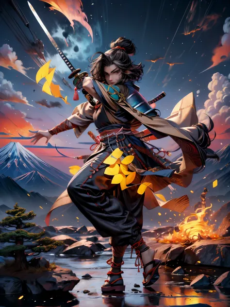 ((Japan samurai costume:1.5)，((female warrior))，Ancient battlefield，dynamic posture，long sword，armor，burning sky，mountains background，Expression of determination，braid，background allies，The atmosphere is strong，heroism，Beauty，reality，50mm lens shooting，com...