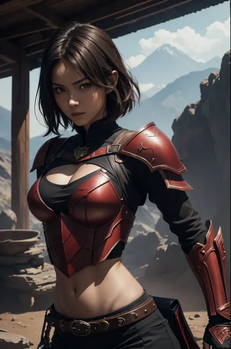 8k,荒れた大地adventure者の衣装,Travel through the dusty wilderness,light brown short cut hair,super beautifulな日本の女性, Red and black large chest chest armor(demon emblem),super beautiful(like the real thing),Red and black shoulder armor for the left shoulder(demon em...