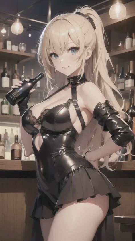 最high quality、best image quality、masterpiece、teenage girl((20-year-old、 By becoming、vest bust、medium bust,wide open breast tea、shining eyes, blonde hair、long hair、thin,highest valley、ponytail、Bartender costumes、mini skirt、holding a wine bottle、smile、black ...