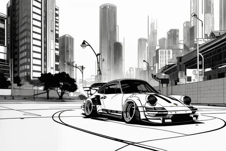 nvinkpunk, painting of a city with a Porsche 911 rwb rotting,wide bodykit, high quality,