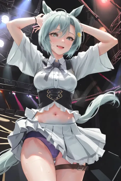 sexy dance show,Seiun Sky(umamusume),good anatomy, masterpiece, best quality,realistic, hyperrealistic, 16k hdr,(Live Stage:1.2),(skirt lift,wind lift:1.4),Stage costumes,Horse tail,ultra miniskirt,navel,sweat,large breasts,upper body,smile,erected nipples...