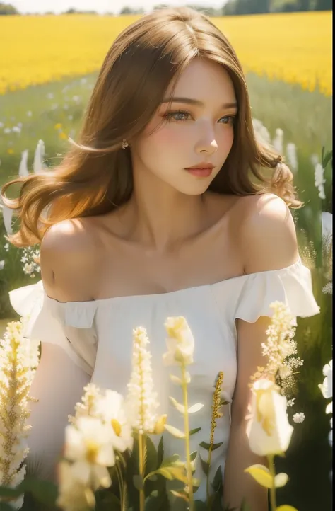 best quality, masterpiece, ultra high resolution, (lifelike:1.4), original photo, 1 girl, white dress, Off the shoulders, flower field, glowing skin, faint smile