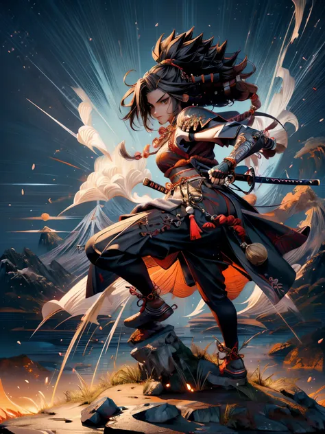 ((Japan samurai costume:1.5)，((female warrior))，Ancient battlefield，dynamic posture，long sword，armor，burning sky，mountains background，Expression of determination，braid，background allies，The atmosphere is strong，heroism，Beauty，reality，50mm lens shooting，com...