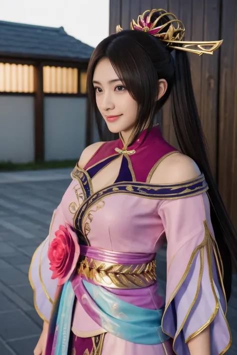 Diaochan from Sangoku Musou 8,超reality的な,hair ornaments,Perfect Diaochan costume,twin tails、masterpiece、1 cute girl、17 year old high school student、smile,fine eyes、puffy eyes、bright outdoors,Bright downtown、highest quality, 超High resolution, (reality: 1.4)...