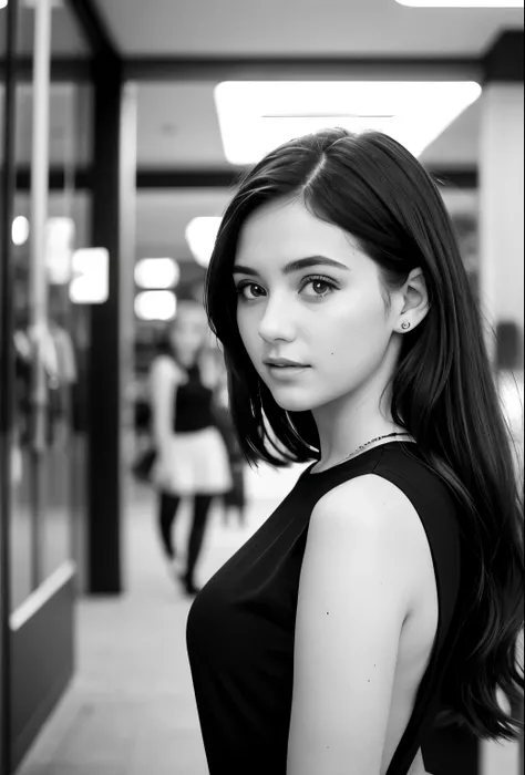 Mikayla Demaiter person posing in a park clothing store. Best quality I girl blur background bokeh mall 1.4 wearing casual clothes gorgeous Beautiful detailed sky dynamic pose 1 soft Lighting wind portrait 1.4 In black and white dress 