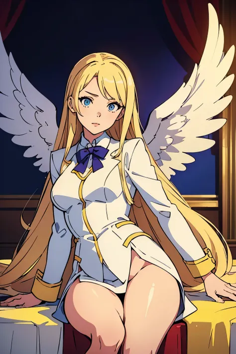 (Best quality:1.1), (Masterpiece:1.4), (Illustration fantastique:1.2), 1fille, cute girl, Long blond hair, she has yellow wings, a sexy white suit