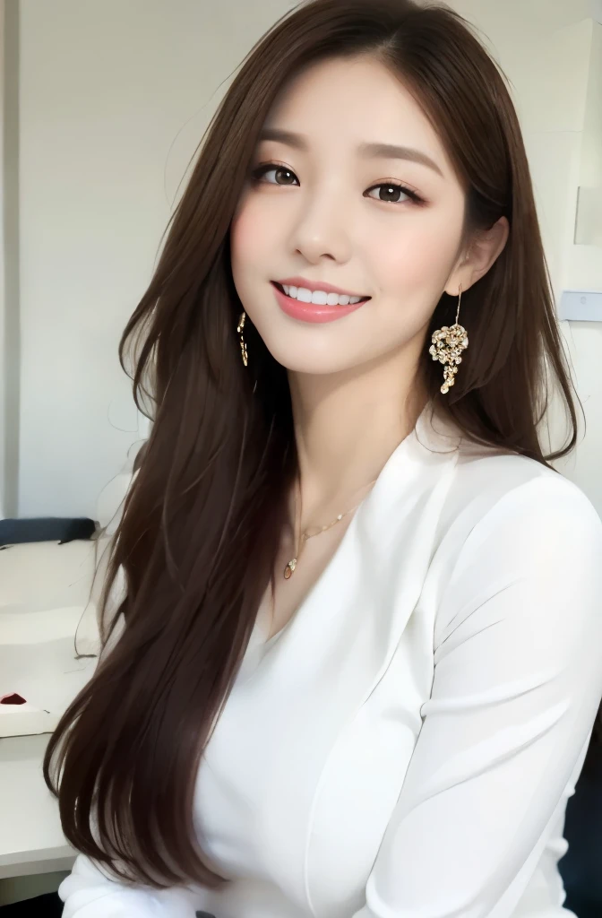 (18-year-old sweetheart), (big breasts:1.3),   office、sit at desk、pure white suit、(masterpiece: 1.3), (maximum resolution: 1.4), (super high quality: 1.2), cinematic light, super high quality,My cheeks turned red:1.2、 (beautiful eyes and skin), (detailed f...