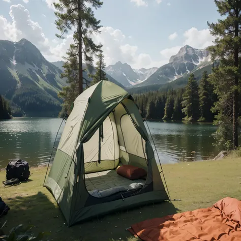 tent,travel mattress,sleeping bag,forest and lake in the background,Full length image,high quality,panorama,1600x900