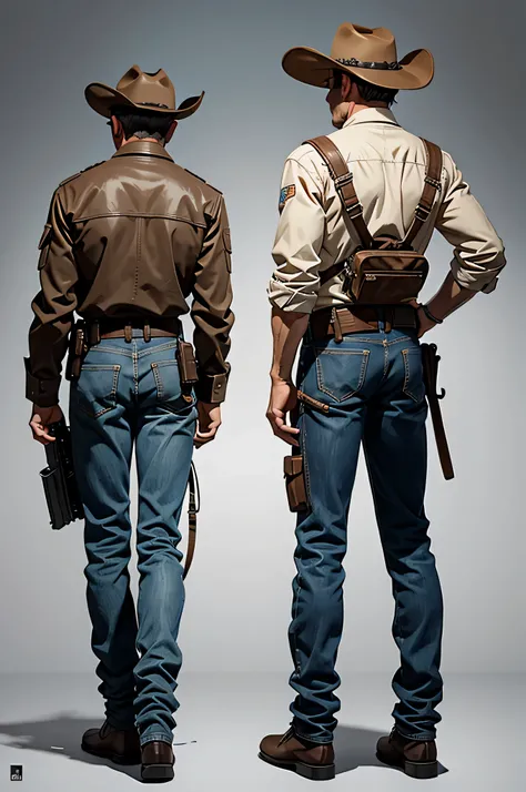 cowboy，American，middle aged male，submachine gun，full body portrait，Turn your back to the screen