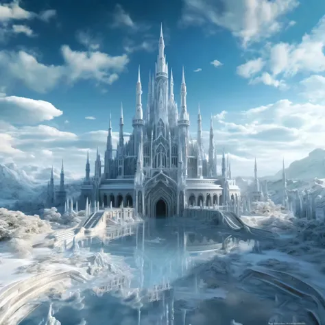 cloudy day,A large castle surrounded by ice and snow, Ice City 2 0 8 0, futuristic castle, high Fantasy castle, cathedral background, Sophisticated matte painting, Fantasy castle, Luxurious matte spray paint, Exquisite matte painting, Epic castle with towe...
