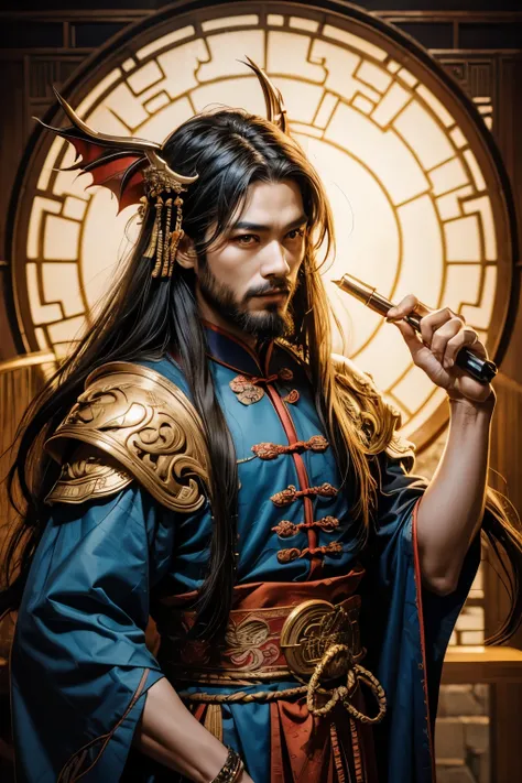 long-beared chinese man, traditional chinese costume, upper body of a human and the lower body of dragon, intelligent and with long hair