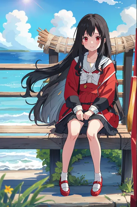 1 little girl，long hair，wavy hair，dress，coat，summer，black hair，red skirt，summer，seaside，Mary Jane shoes，white socks，sunny，Smile