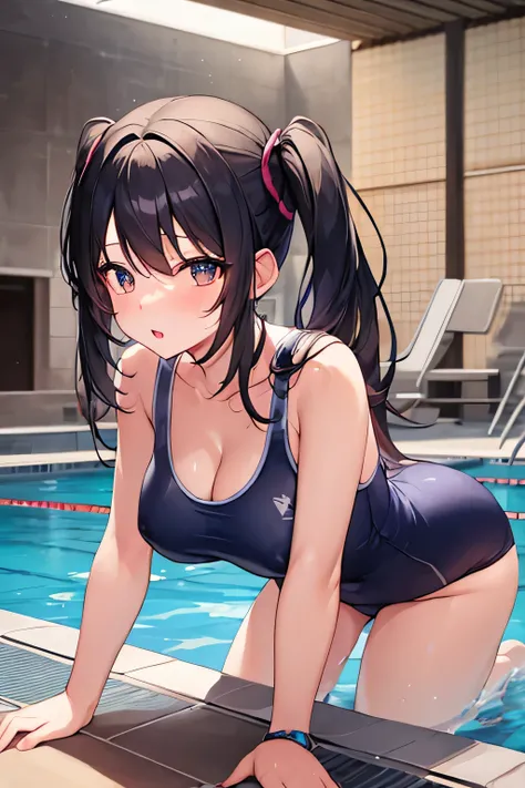 masterpiece、best image quality、ultra high resolution、teen  with big tits、twin tail hairstyle、black hair、red face、shyly、mock、Open your mouth just a little、A school swimsuit that shows the cleavage of a teenage school girl、A school swimsuit that shows the cl...