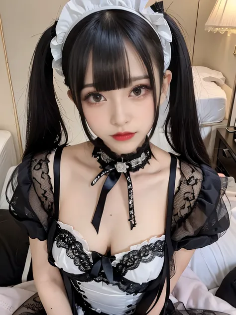 raw photo, 8k, (top-quality), Realistic, (real picture, Intricate details), (natural skin texture, detailed skin, hyper realism, sharpness), (Japanese teenage girl sitting on bed in a hotel at night, folding arms), ((maid costume with black and white, goth...