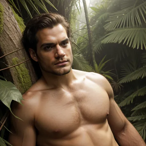 Qualidade de imagem ultra-alta, realistic and strong male characteristics, um homem inspirado em Henry Cavill como Wolverine, detailed venous muscles, um homem rasgado de cueca amarela na frente de uma fogueira, em uma selva environment, Correia, senhor da...