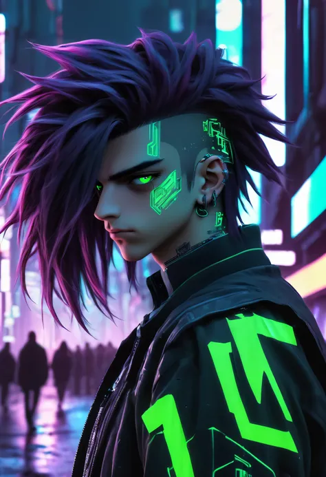 1 Boy, Cyberpunk Style, neonlight (Green:0.9) The letter N made of broken glass on Cyberpunk Street。, Handsome, boy standing on the street, Cute cyberpunk boy, Beautiful eyes, 4K eyes, Beautiful face, full bodyesbian, Long (purple:0.8) Hair, Normal eyes, h...