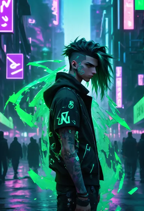 1 Boy, Cyberpunk Style, neonlight (Green:0.9) The letter N made of broken glass on Cyberpunk Street。, Handsome, boy standing on the street, Cute cyberpunk boy, Beautiful eyes, 4K eyes, Beautiful face, full bodyesbian, Long (purple:0.8) Hair, Normal eyes, h...