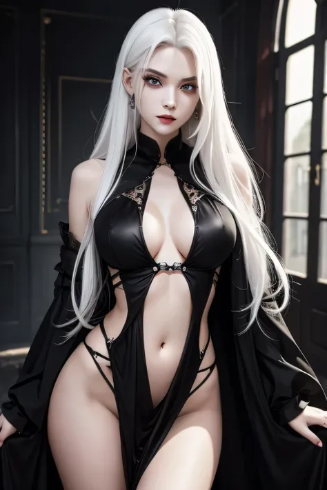 Masterpiece, Best quality, 1 vampire, Fangs, young, Beautiful face, Beautiful eyes, Bright eyes, full length, navel, long hair, White hair , Black dress, look at the viewer