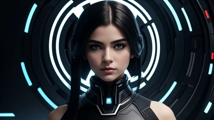 create an image that embodies her unique blend of technology and mystique. Pay careful attention to the details described, such as her captivating gaze, obsidian hair, and futuristic attire infused with elements of AI and cybernetics. The image should refl...