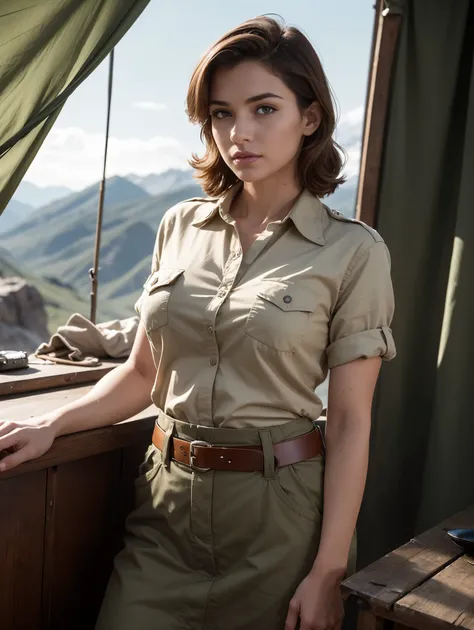 Wide angle. Masterpiece, Uhd, An adventuress from the 40s.cotton sand-colored shirt,  Khaki cotton army long skirt,  leather belt, army boots. She’s on an operation in a frozen jungle, ((at night)), in an army tent. Perfect anatomy, perfect hair, perfect b...