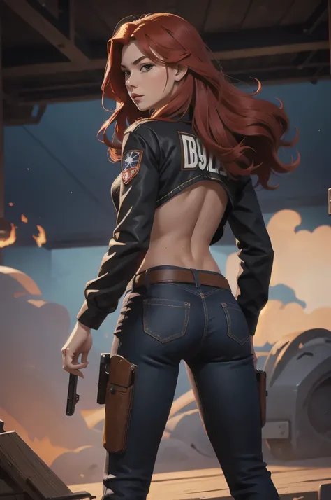 cowboy，American，Miss，Long red hair，cowboy帽，submachine gun，full body portrait，Turn your back to the screen