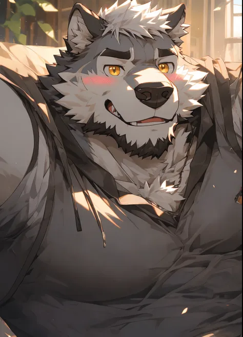 （masterpiece），（very detailed），（best quality），hairy，wolf，gray fur，white hair，golden pupils，muscular，smile（blushing 1.1），（black ca...