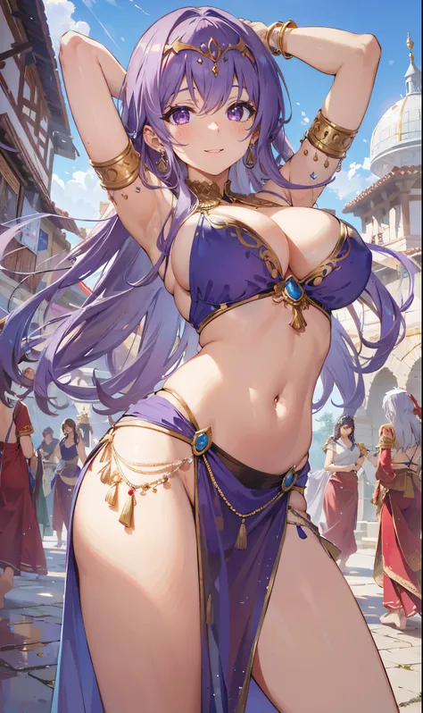 high quality, super detailed, 最high quality, Extremely detailed, beautiful, masterpiece, 1 girl, plaza, medieval europe, cowboy shot, red eyes, long hair, light purple hair, (belly dancer, harem costume, pelvic curtain:1.2), purple costume, barefoot, circl...