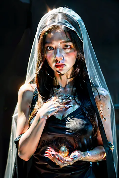 highest quality, masterpiece, ultra high resolution, (realistic:1.4), RAW photo, 1 girl, in the dark, deep shadow, discreet key, cold light,fortune teller&#39;s clothes,veil