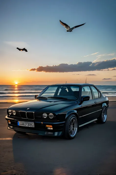 (best quality,4k,highres,masterpiece:1.2), ultra-detailed, (realistic,photorealistic,photo-realistic:1.37), HDR, black BMW E30 with chrome rims, beach scene with sunrise, seagulls flying in the sky