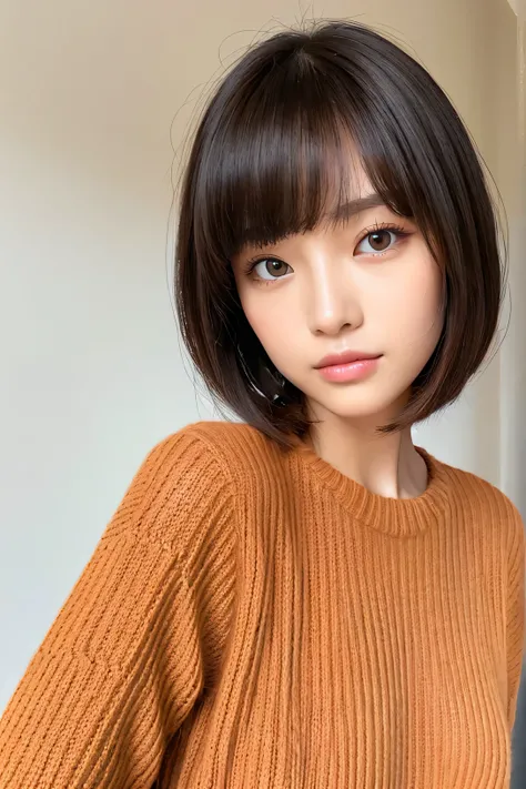 woman、super detailed face、double eyelid, short bob、bangs、clear eyes、knit sweater、Glossy skin, small head、whole body
