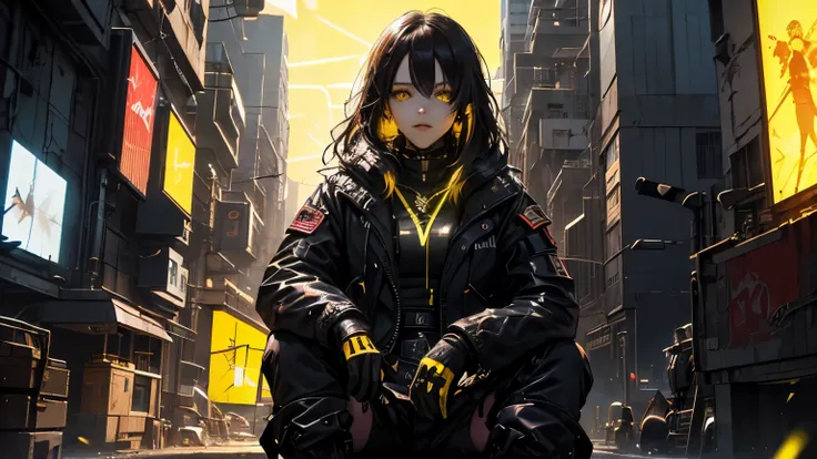 (1girl in)、(Plump beauty)、(Black hair)、(30-years old)、(Top image quality)、(8K picture quality)、(cyberpunked)、(masutepiece)、 (Flickering of light)、(Wear a cyberpunk military uniform)、cinematric light, Cinema Shadow, Sharp Image, Extremely detailed, Volumetr...