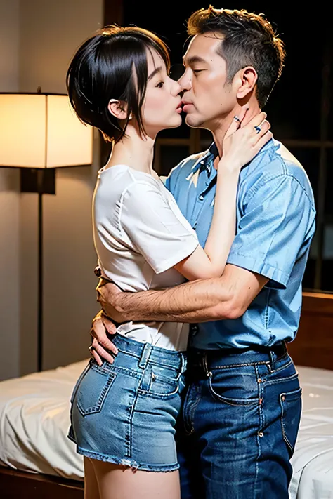 ((man kissing woman&#39;head:1.4))、((masterpiece:.4))、Close your eyes and tilt your head back、((A man and a woman standing and hugging each other:1.4))、better quality, movie stills, 1 Muller、((layered haircut woman:1.4))、((A woman in a denim miniskirt that...