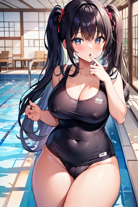 masterpiece、best image quality、ultra high resolution、teen  with big tits、twin tail hairstyle、black hair、red face、shyly、mock、Open your mouth just a little、A school swimsuit that shows the cleavage of a teenage school girl、A school swimsuit that shows the cl...