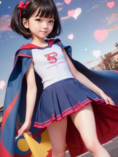 A very elementary school student is wearing Supergirl clothes..、masterpiece、highest quality、Spreading black hair、bob cut with trimmed ends、(flat chest)、lolicon、red cloak、short sleeve、pink heart shaped particles、Rooftop background with pool、whole body、smile...