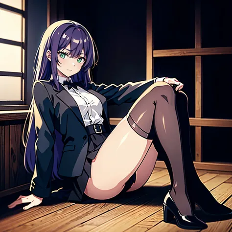 young anime female character, long light purple hair, beautiful light green eyes, around 20 years old, ((short black jacket)), formal black shirt, black skirt, black gloves, black knee-high stockings, deep red Mary Jane shoes, natural body position, natura...